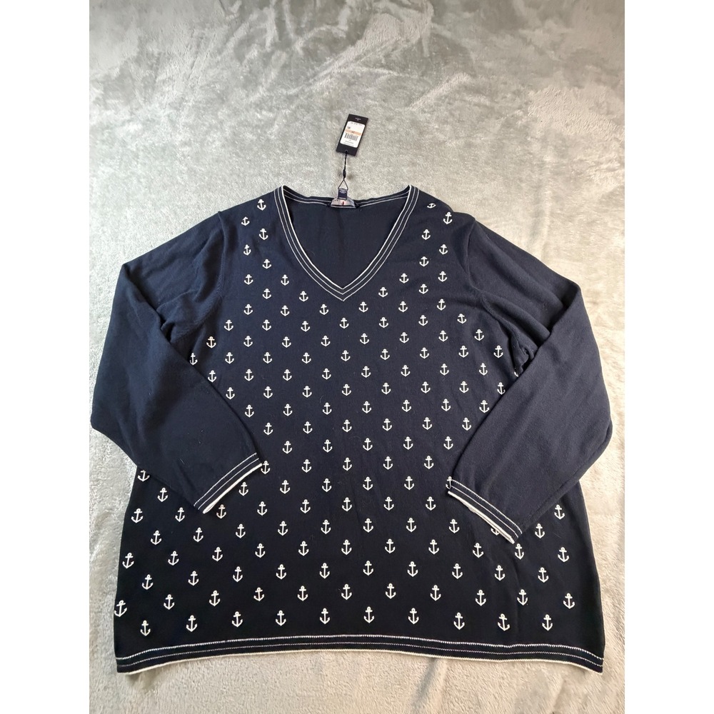 Tommy Hilfiger Ivy Sweater Womens 2X Navy Blue Anchor Print V-Neck